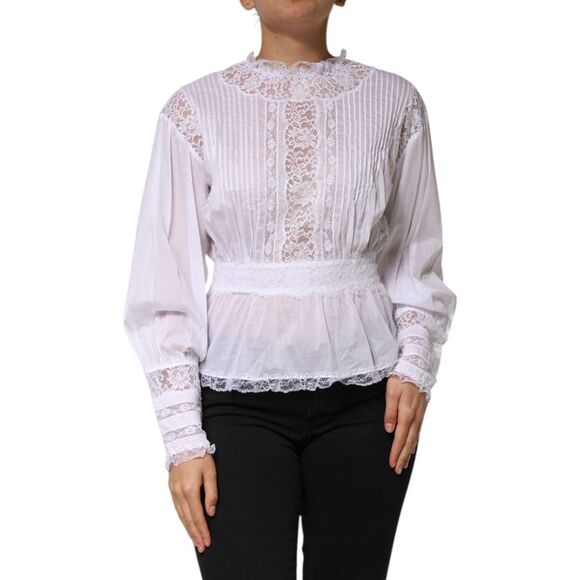 Dolce & Gabbana White Cotton Floral Lace Long Sleeves Women's Top